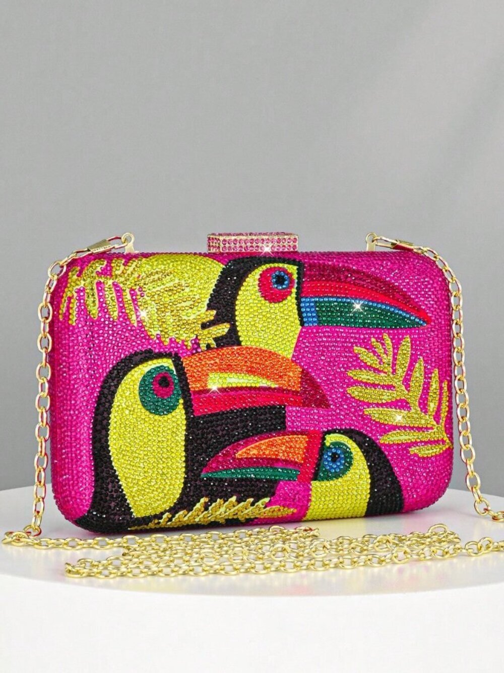 Hot Pink  Women's Sparkling Toucan Pattern Rhinestone Banquet clutch Bag